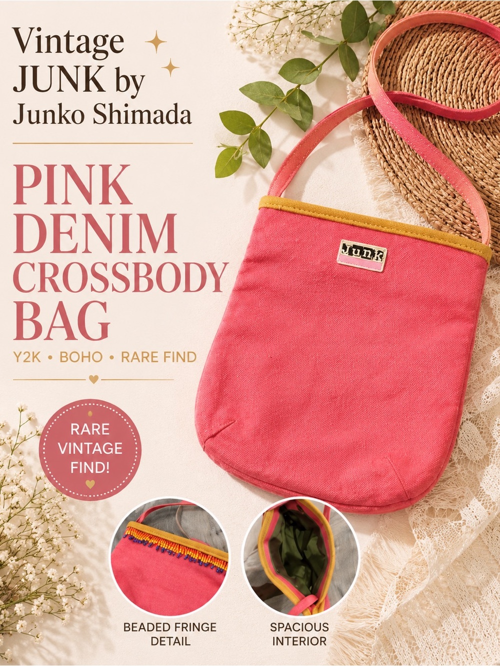 Vintage JUNK by Junko Shimada Pink Denim Crossbody Bag Beaded Fringe Y2K